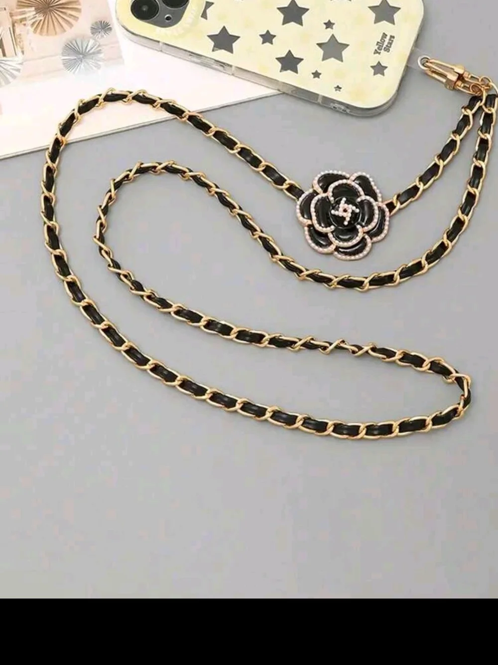 Black and Gold Lanyard with Camila Flower Accent